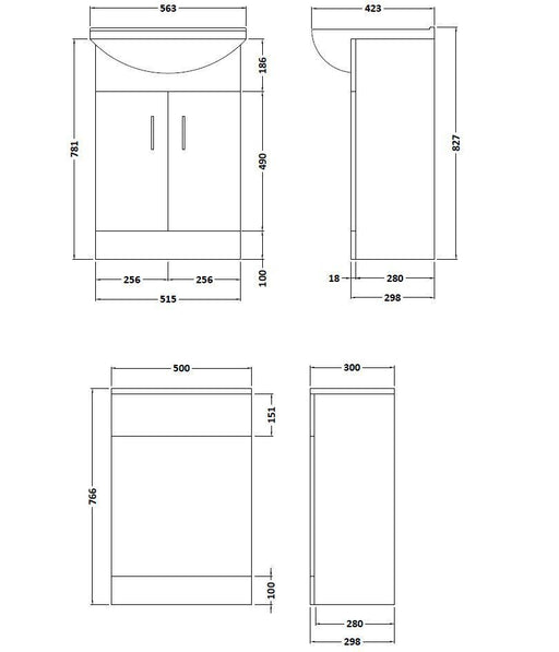 Nuie Saturn 1050mm Floor Standing Vanity Unit with Square Basin Gloss White (FMD001) line drawing