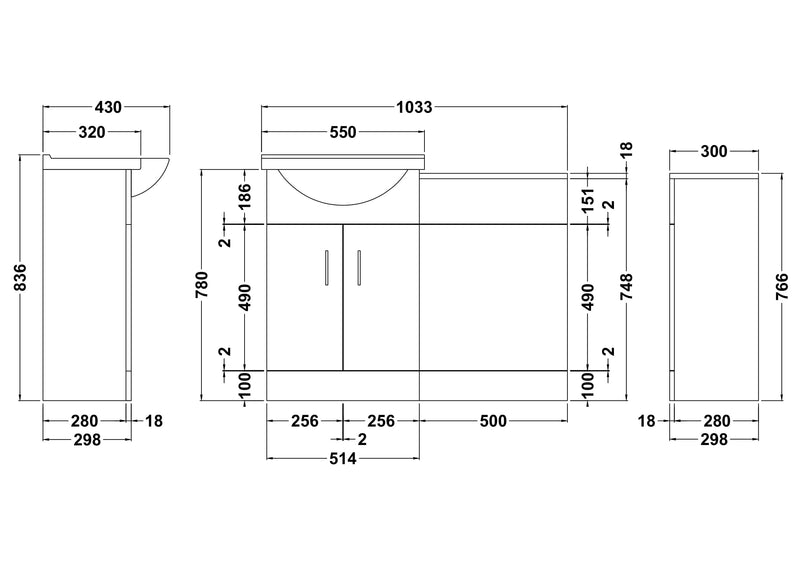 Nuie Saturn Furniture Pack with Round Basin Gloss White (SAT001) line drawing