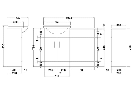 Nuie Saturn Furniture Pack with Round Basin Gloss White (SAT001) line drawing