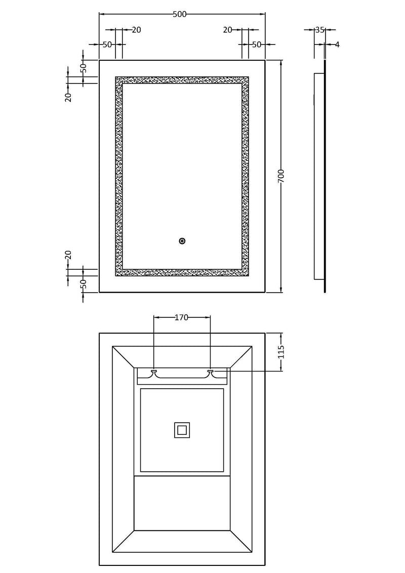 Nuie Sculptor 500x700mm LED touch sensor mirror dimensions diagram