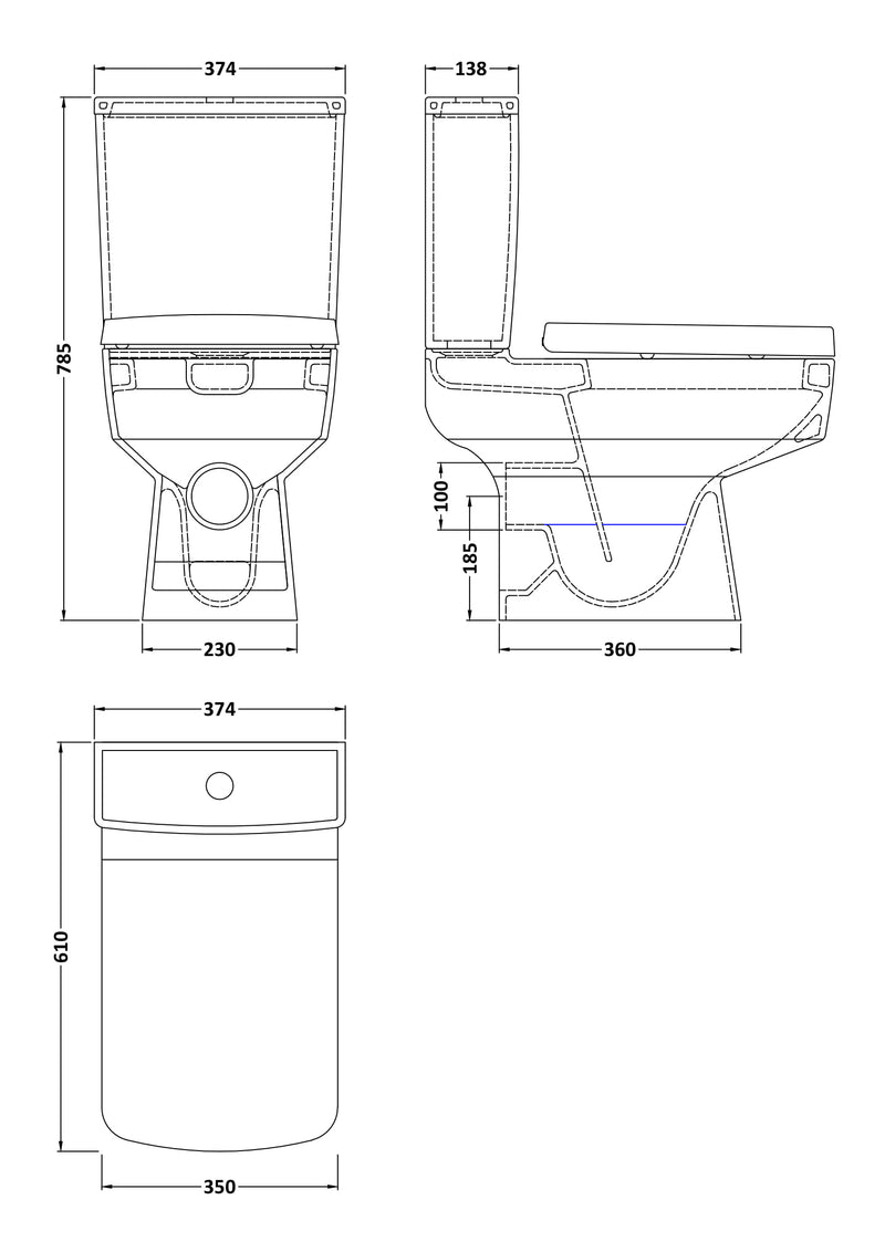 Nuie Semi Flush to Wall Square Toilet Pan White (CBL008) line drawing