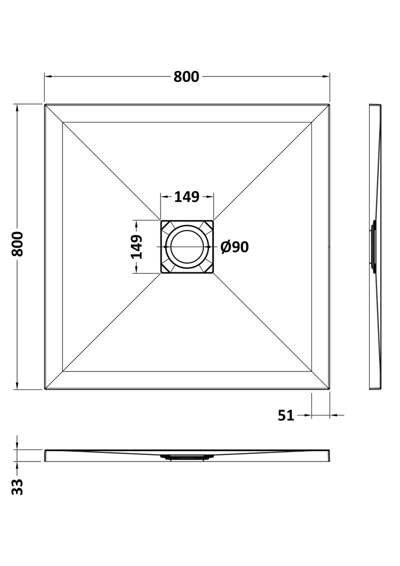 Nuie Slimline Square Shower Tray technical dimensions drawing