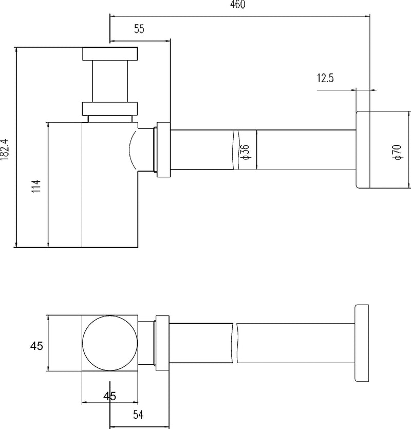 Nuie Square Bottle Trap with 300mm Extension line drawing