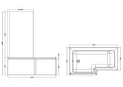 Nuie Square Shower Bath Set with Screen, Panel & Legs (All Sizes) line drawing