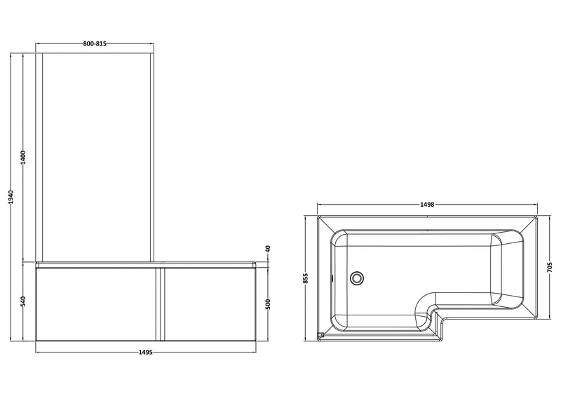 Nuie Square Shower Bath Set with Screen, Panel & Legs (All Sizes) line drawing