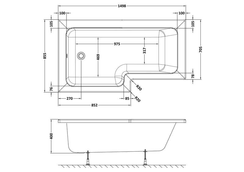 Nuie Square Shower Bath with Legs (All Sizes) line drawing