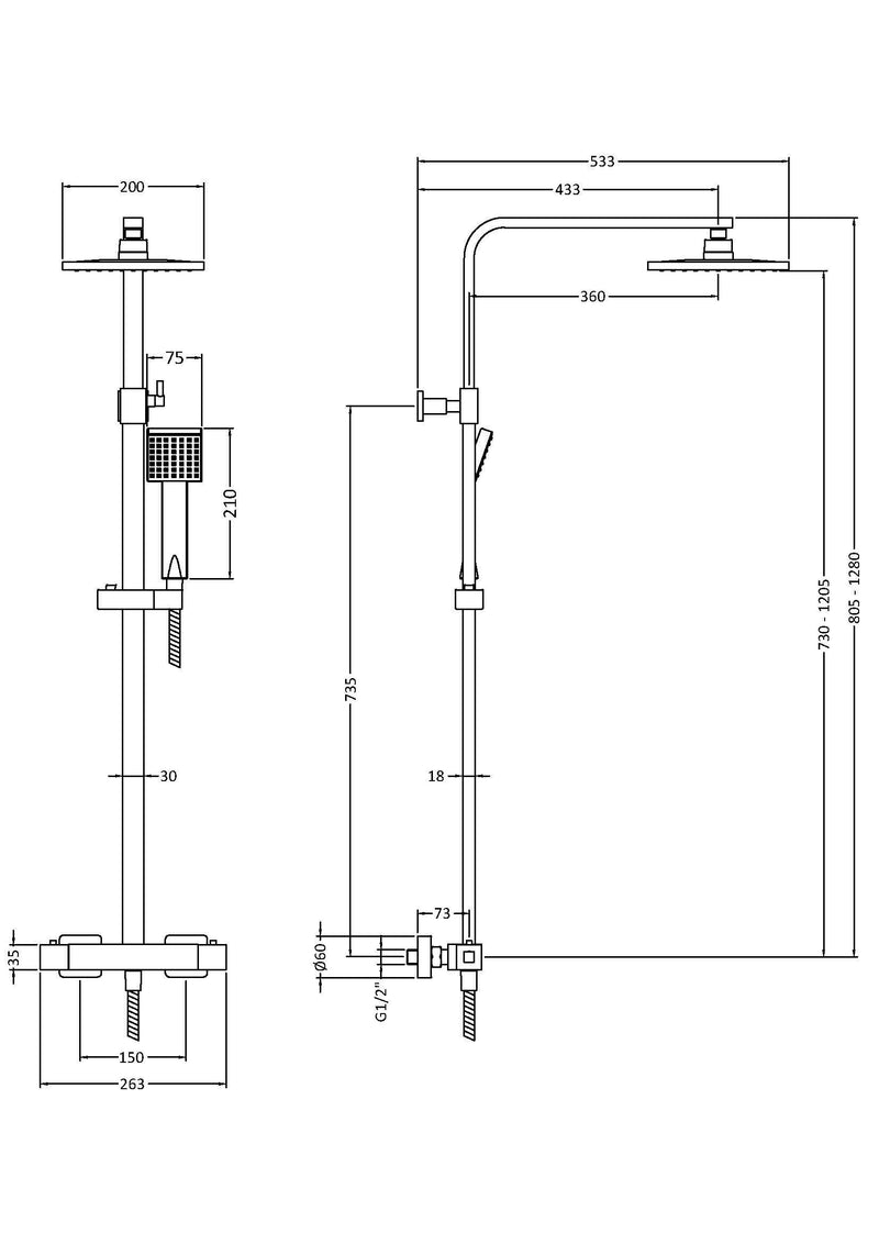 Nuie Square Thermostatic Bar Shower Valve with Riser Kit line drawing