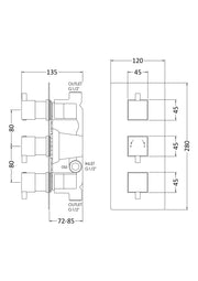 Nuie Square Triple Concealed Thermostatic Shower Valve (2 Outlet) Chrome (JTY303) line drawing