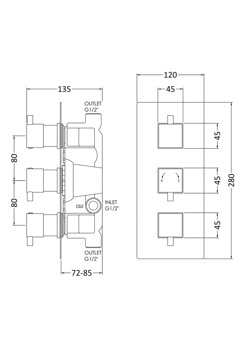 Nuie Square Triple Concealed Thermostatic Shower Valve (2 Outlet) Chrome (JTY303) line drawing