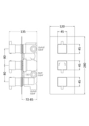Nuie Square Triple Concealed Thermostatic Shower Valve with Diverter (3 Outlet) Chrome (JTY311) line drawing