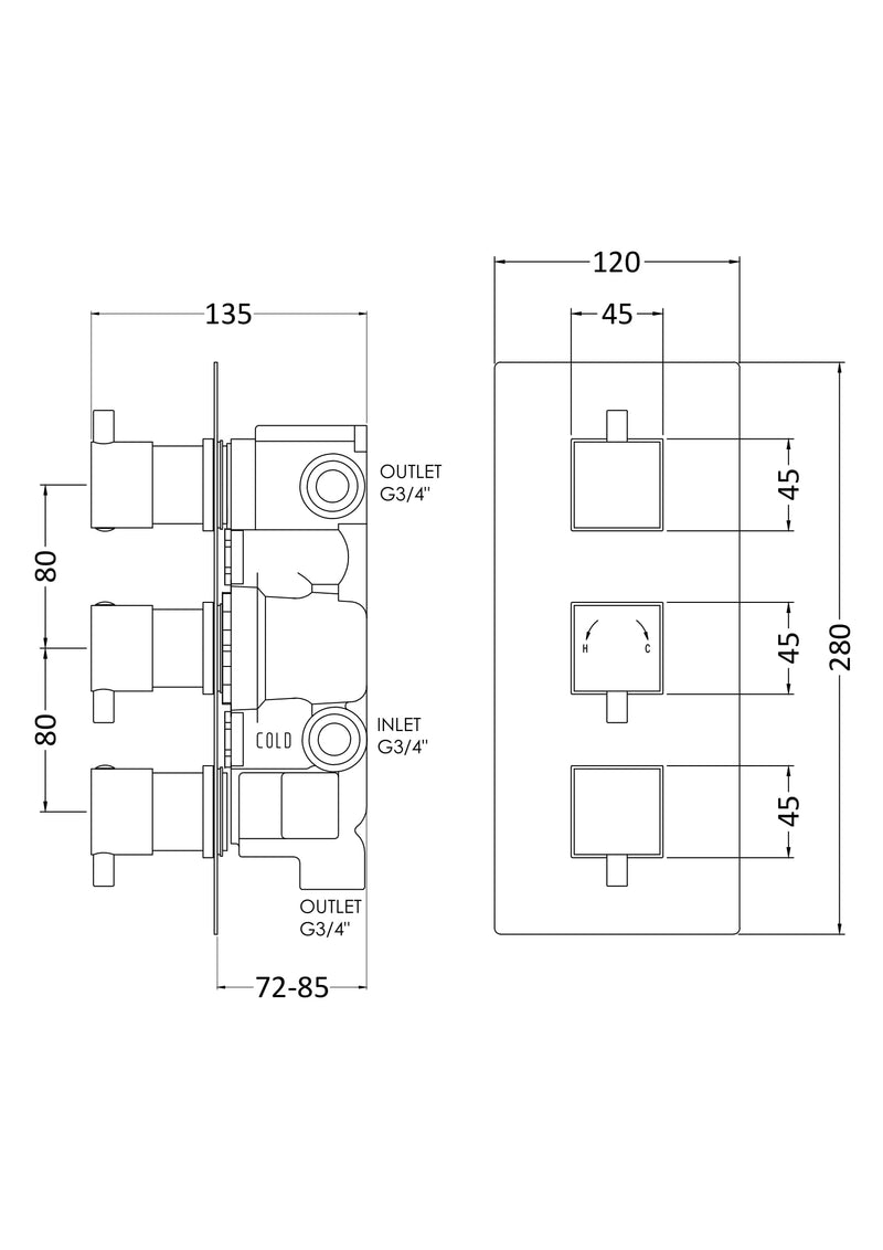 Nuie Square Triple Concealed Thermostatic Shower Valve with Diverter (3 Outlet) Chrome (JTY311) line drawing