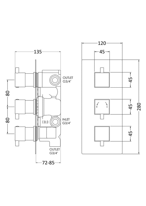 Nuie Square Triple Concealed Thermostatic Shower Valve with Diverter (3 Outlet) Chrome (JTY311) line drawing