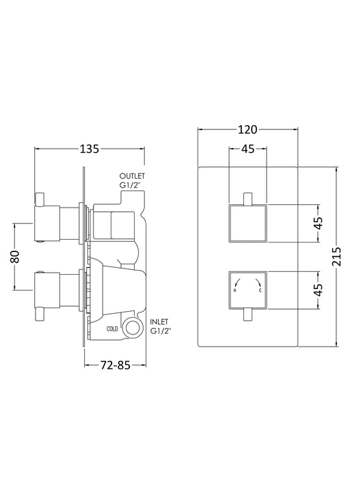 Nuie Square Twin Concealed Thermostatic Shower Valve (1 Outlet) Chrome (JTY301) line drawing