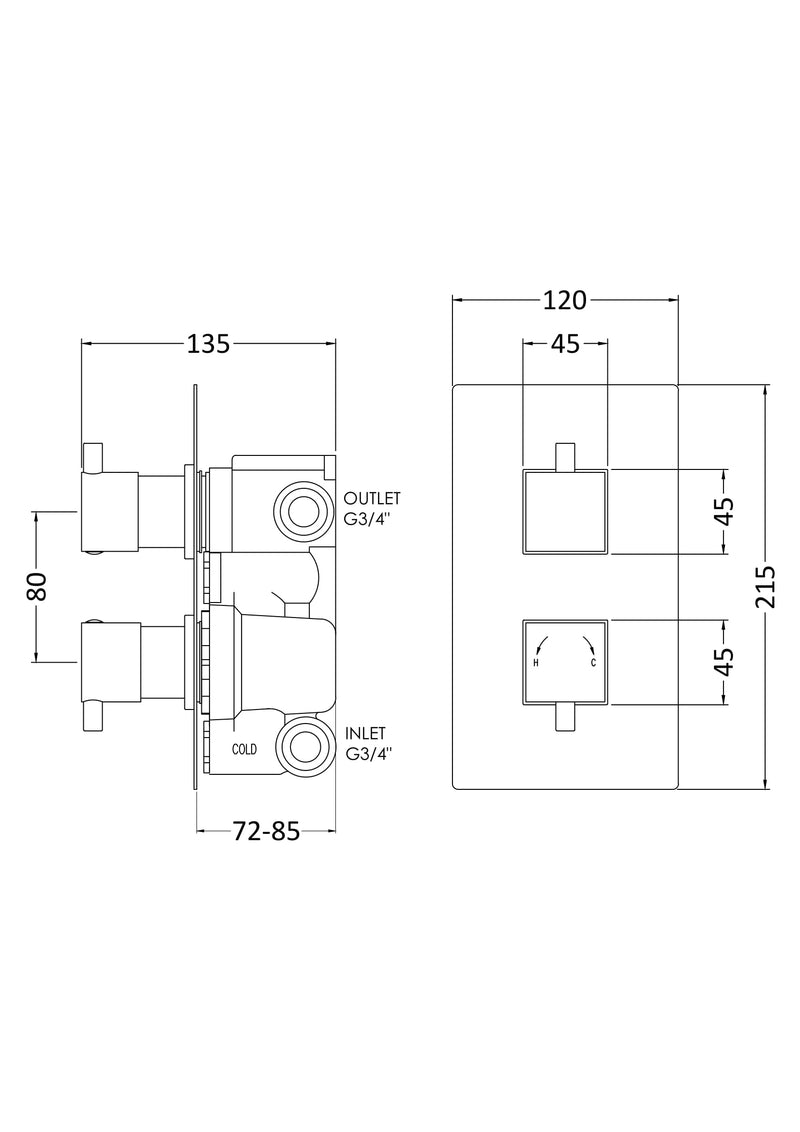 Nuie Square Twin Concealed Thermostatic Shower Valve with Diverter (2 Outlet) Chrome (JTY302) line drawing