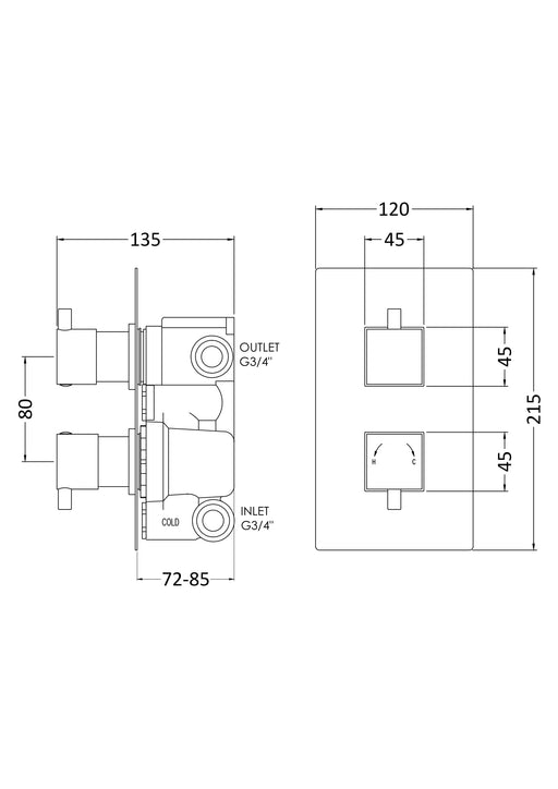 Nuie Square Twin Concealed Thermostatic Shower Valve with Diverter (2 Outlet) Chrome (JTY302) line drawing