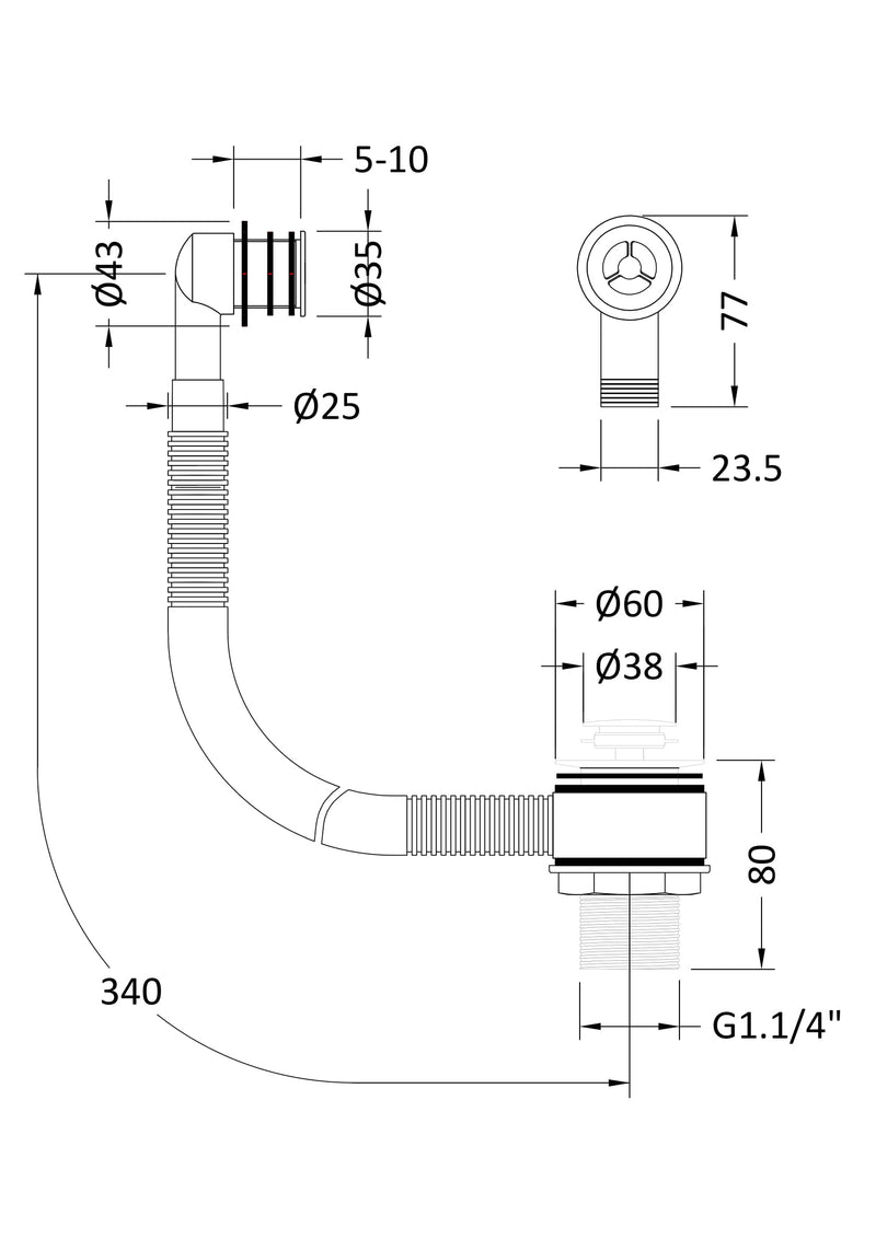 Nuie Stone Basin Waste with Overflow line drawing