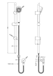 Nuie Chrome Shower Slide Rail Kit dimensions line drawing
