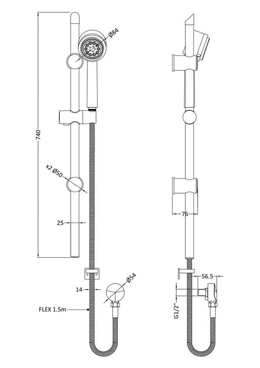 Nuie Chrome Shower Slide Rail Kit dimensions line drawing
