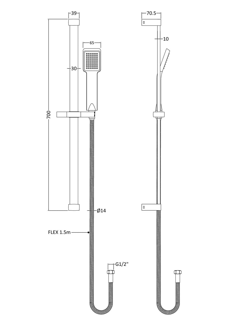 Nuie Chrome Shower Slide Rail Kit dimensions line drawing