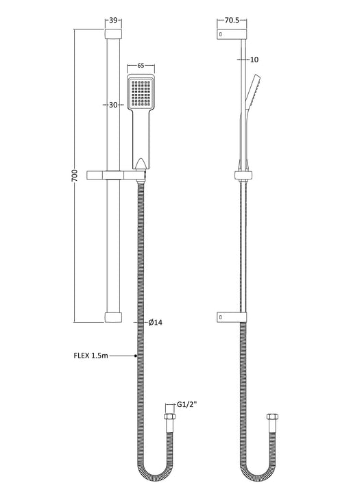 Nuie Chrome Shower Slide Rail Kit dimensions line drawing