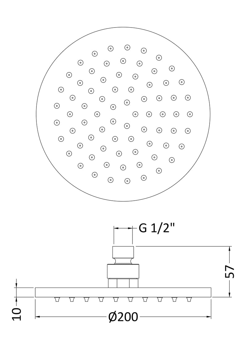Nuie Chrome Fixed LED Shower Head dimensions line drawing