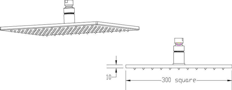 Nuie Chrome Fixed LED Shower Head dimensions line drawing