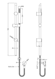 Nuie Aztec Matt Black Shower Slide Rail Kit dimensions line drawing