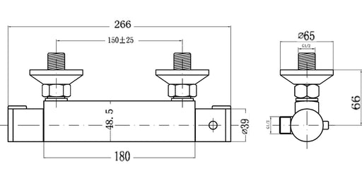 Nuie Thermostatic Bar Shower Valve Chrome (VBS001) line drawing