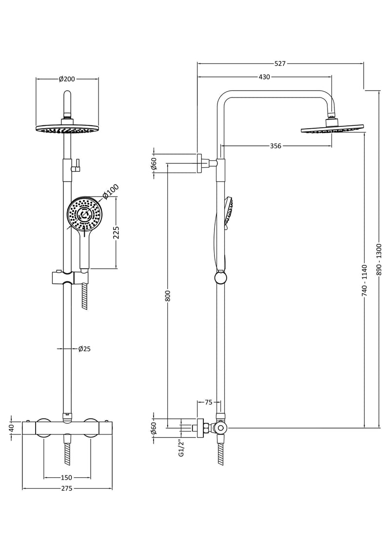 Nuie Thermostatic Bar Shower Valve with Riser Kit line drawing