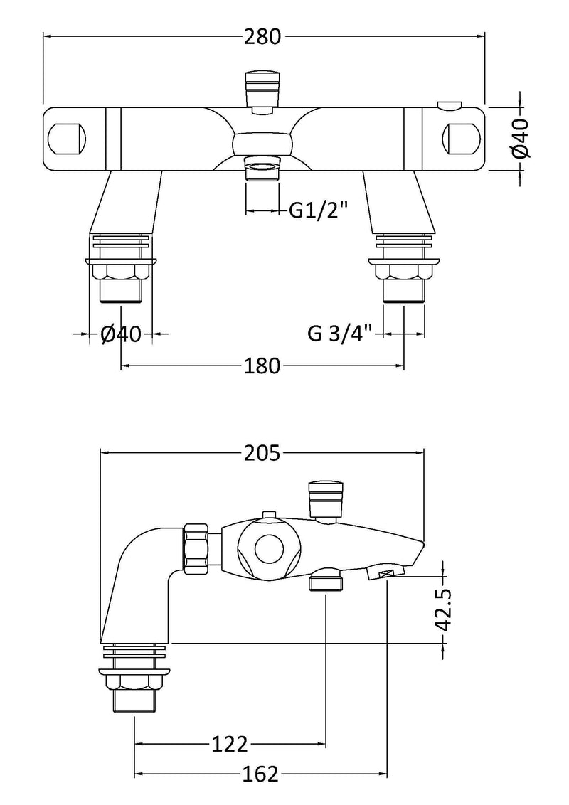 Nuie Thermostatic Bath Shower Mixer Chrome (CD324) line drawing