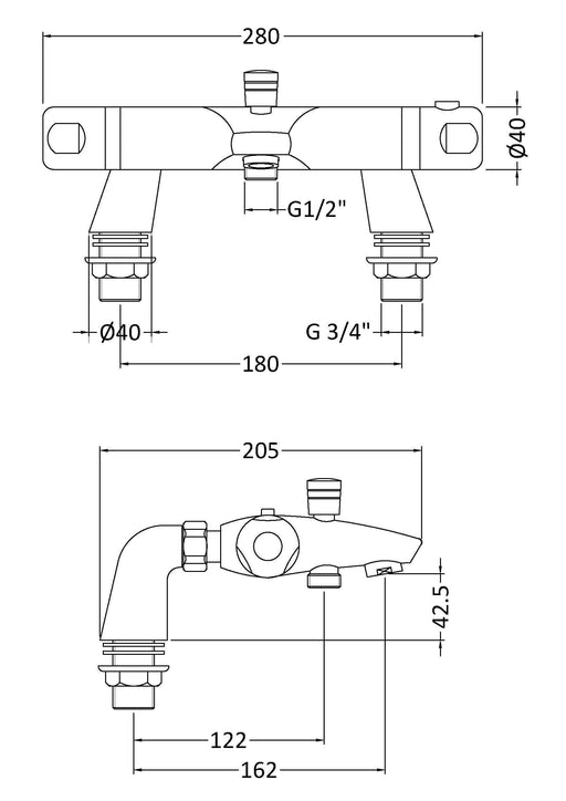 Nuie Thermostatic Bath Shower Mixer Chrome (CD324) line drawing