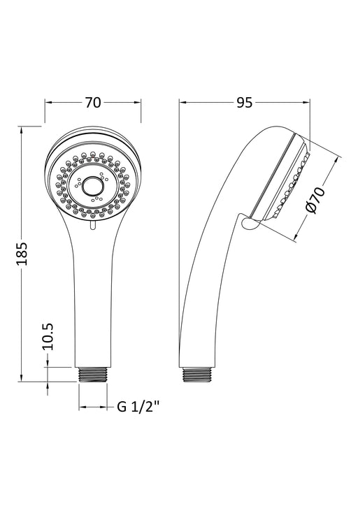 Nuie Three Function Shower Handset Kit Chrome (A371) line drawing
