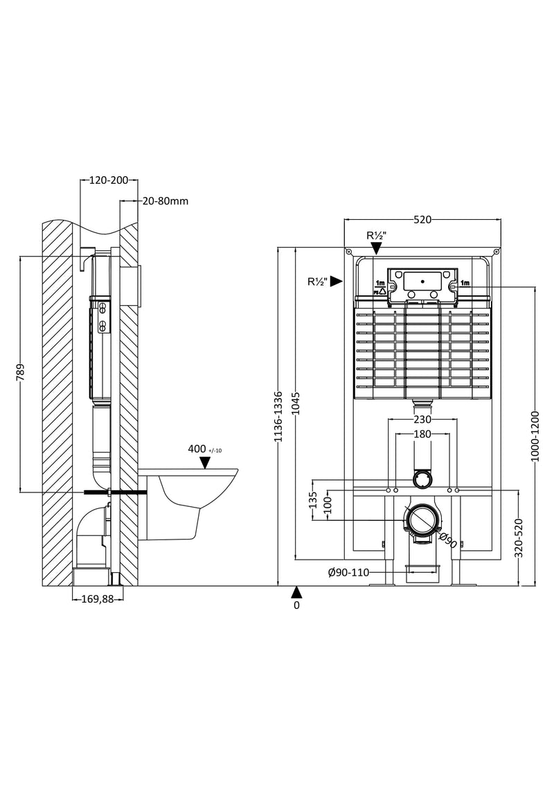 Nuie 1136mm toilet wall frame dimensions line drawing