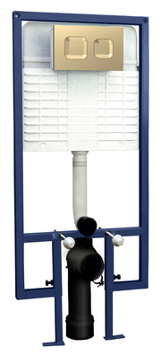 Nuie toilet wall frame with brushed brass square dual flush plate