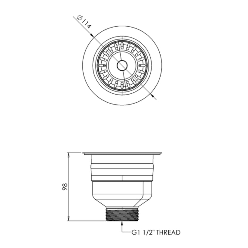 Nuie Top Fix Basket Strainer Kitchen Sink Waste with Overflow line drawing