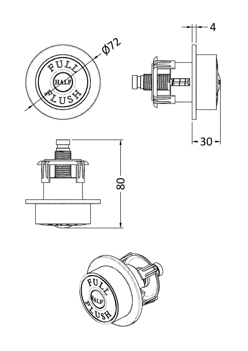 Nuie Traditional Dual Flush Push Button line drawing