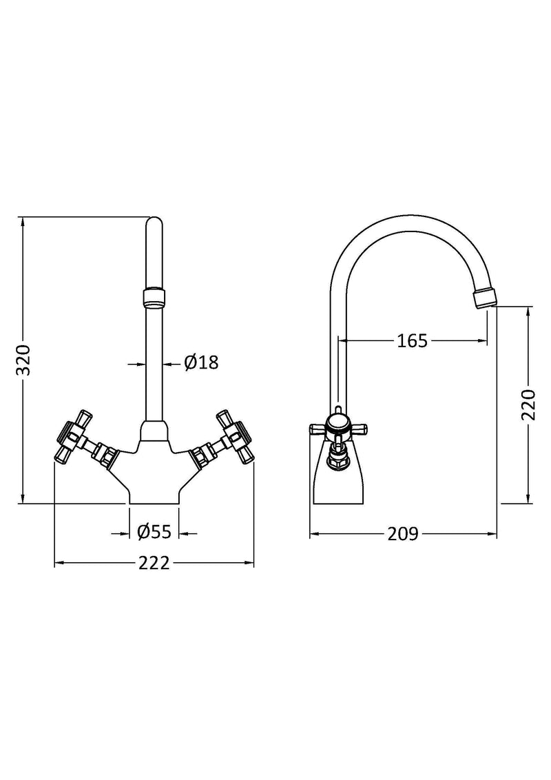 Nuie Traditional Kitchen Mixer Tap Chrome (KB303) line drawing