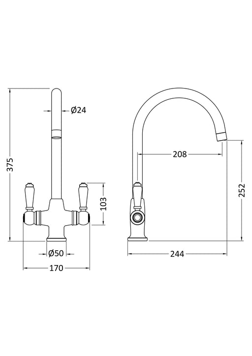 Nuie Traditional Kitchen Mixer Tap Chrome (KB304) line drawing
