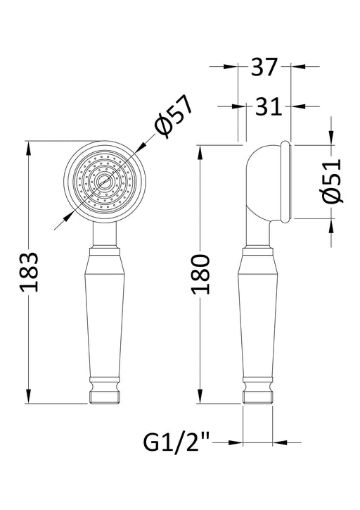 Nuie Traditional Small Shower Handset Chrome (A3221) line drawing