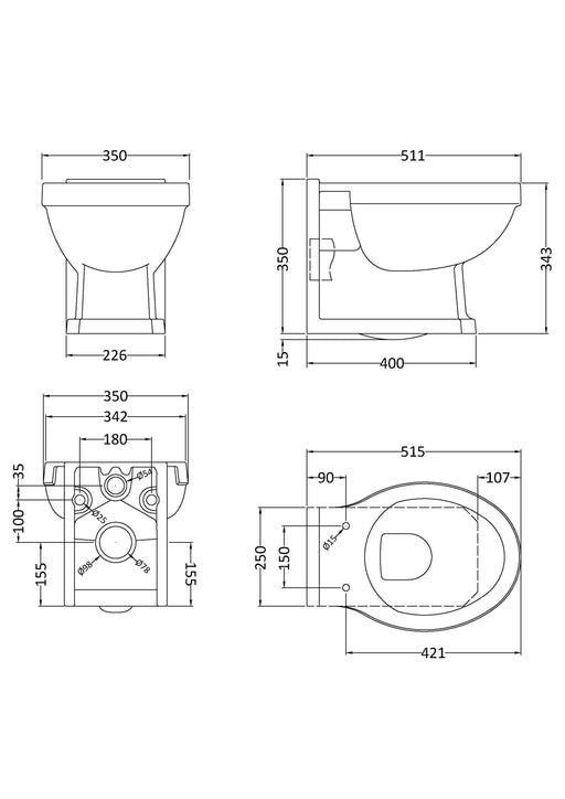 Nuie Traditional Wall Hung Toilet Pan Matt White (NCS840) line drawing