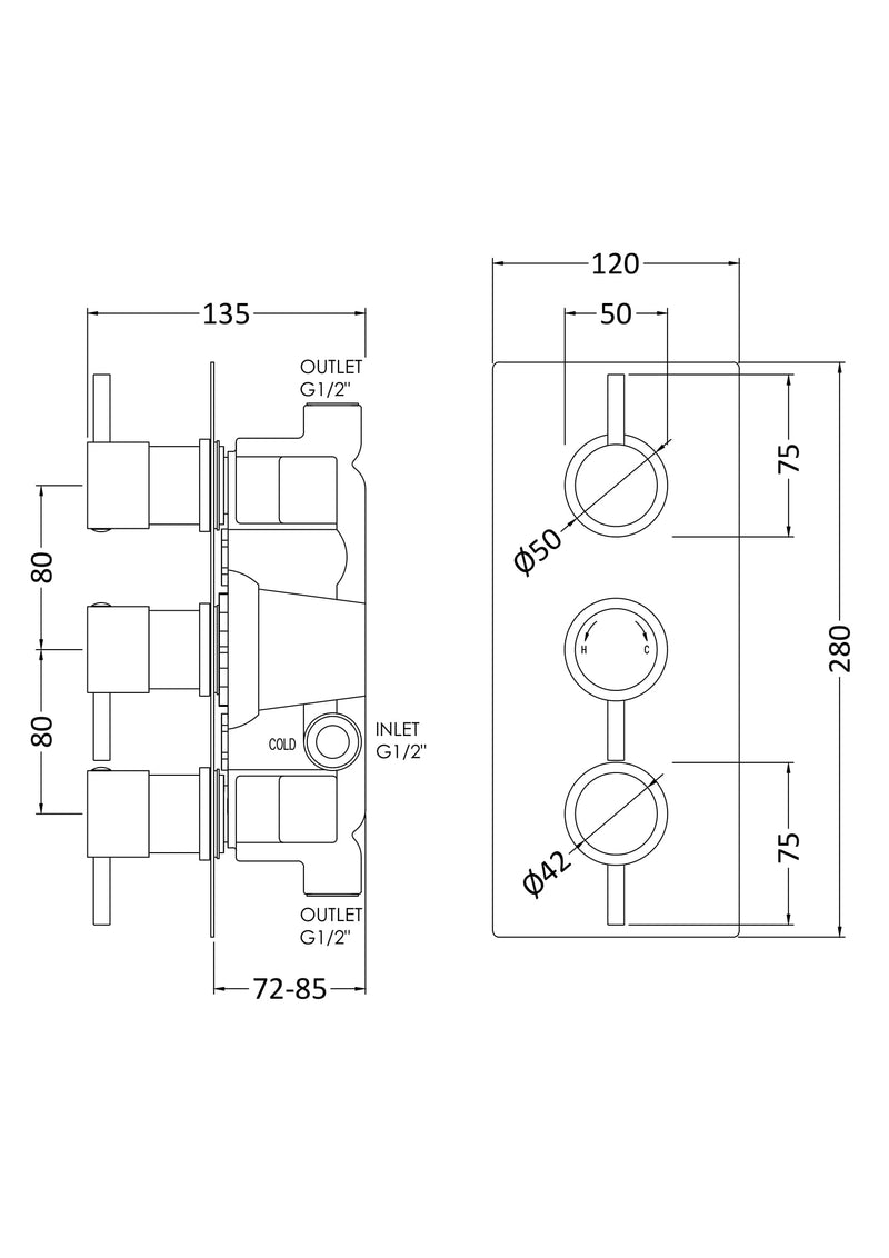 Nuie Triple Concealed Thermostatic Shower Valve (2 Outlet) Chrome (QUEV53) line drawing