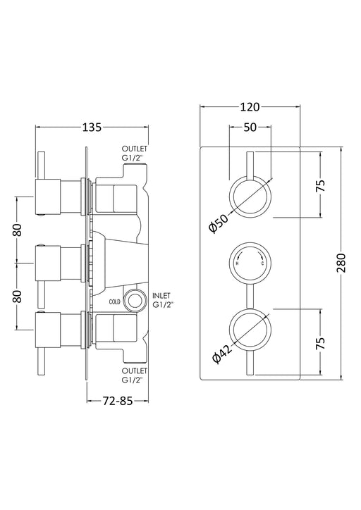 Nuie Triple Concealed Thermostatic Shower Valve (2 Outlet) Chrome (QUEV53) line drawing
