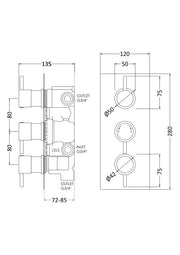 Nuie Triple Concealed Thermostatic Shower Valve with Diverter (3 Outlet) Chrome (QUEV56) line drawing
