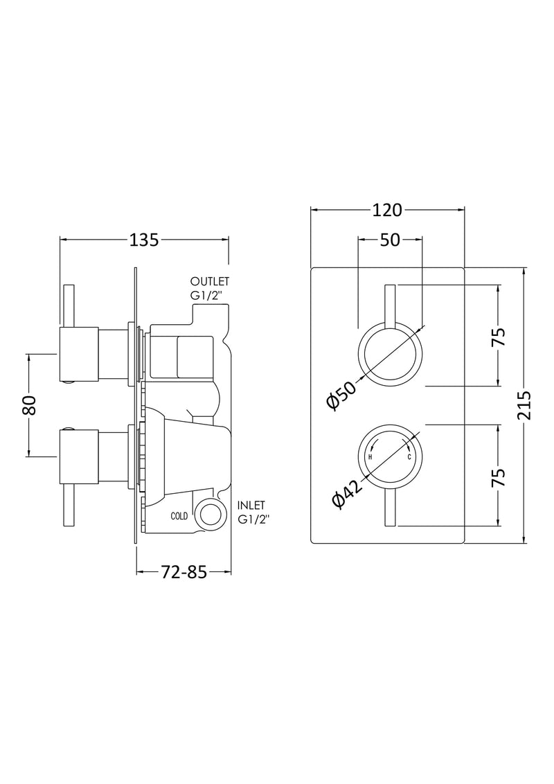 Nuie Twin Concealed Thermostatic Shower Valve (1 Outlet) Chrome (QUEV51) line drawing