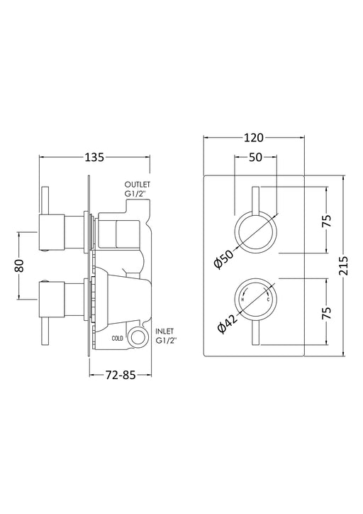 Nuie Twin Concealed Thermostatic Shower Valve (1 Outlet) Chrome (QUEV51) line drawing