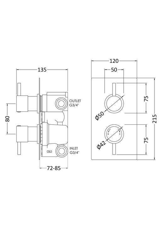 Nuie Twin Concealed Thermostatic Shower Valve with Diverter (2 Outlet) Chrome (QUEV52) line drawing