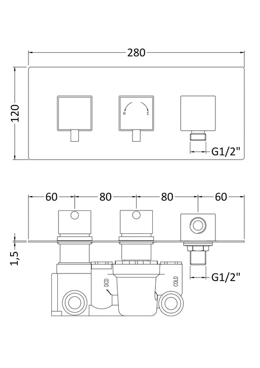 Nuie Twin Thermostatic Shower Valve with Diverter Chrome (A3077) line drawing