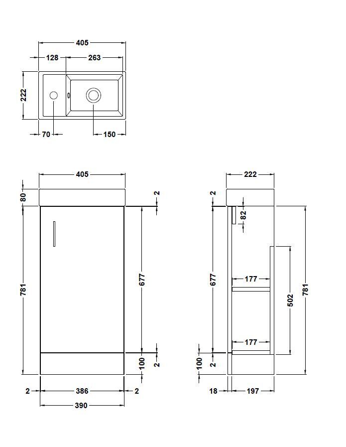 Nuie Vault 400mm floor standing vanity unit in Anthracite - dimensioned line drawing