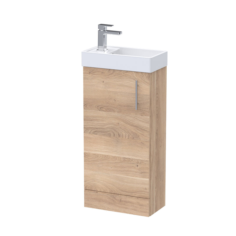 Nuie Vault 400mm floor standing 1 door compact vanity unit with basin in Bleached Oak