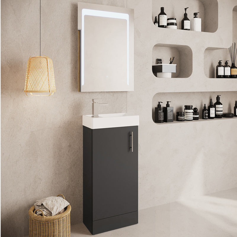 Nuie Vault 400mm floor standing vanity unit in Gloss Grey - bathroom lifestyle setting